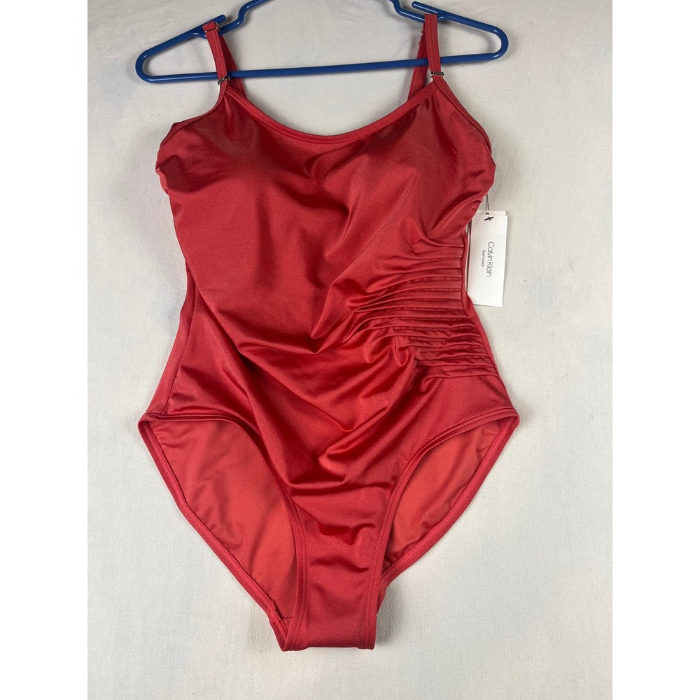 Calvin Klein Swimwear Red Coral Ruched One Piece Swimsuit UPF 50+ Size 10